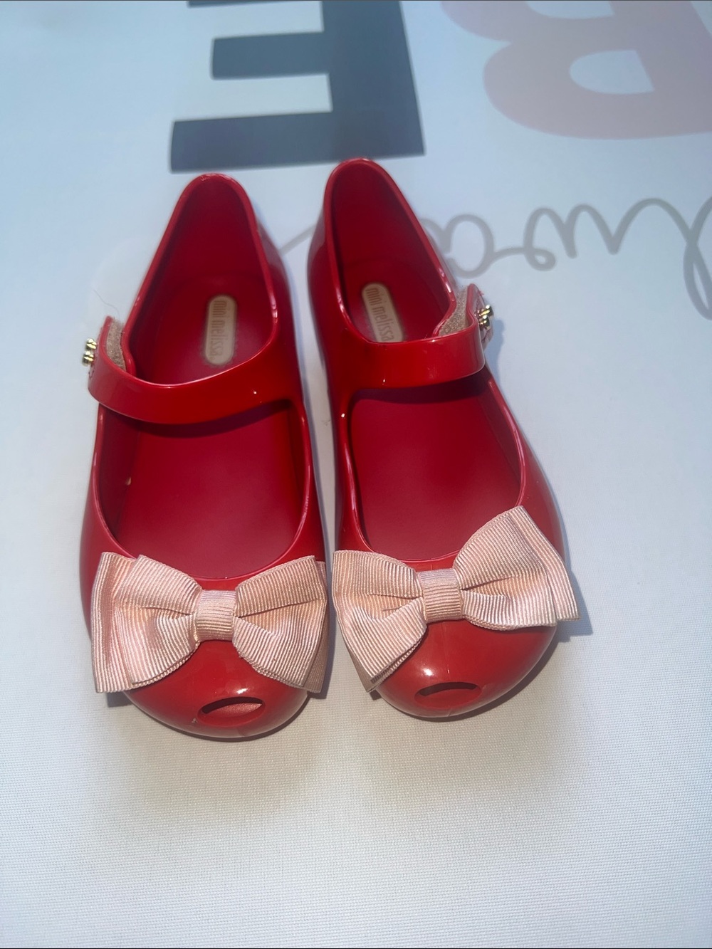 Mini Melissa Red Mary Jane Shoes with Pink Bow